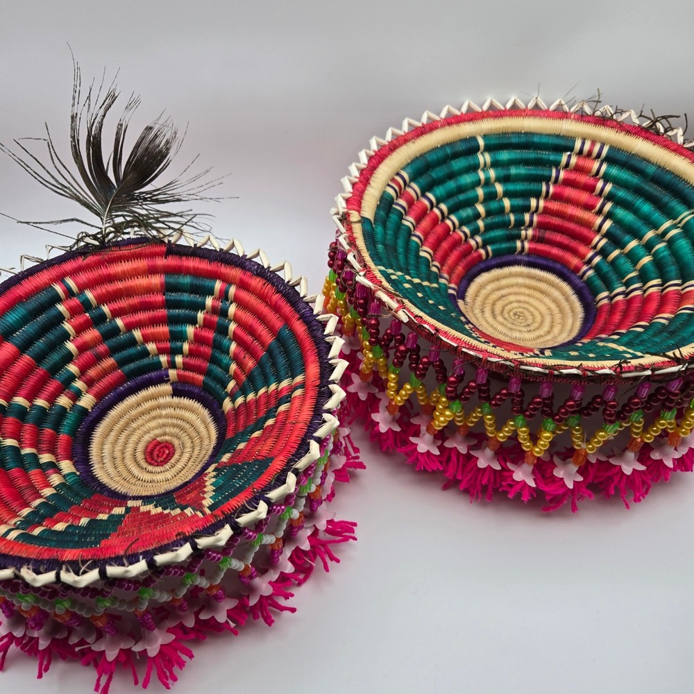 Authentic Handwoven Tharu Dhakiya Basket Pair Coiled Grass Beads & Tassels Boho